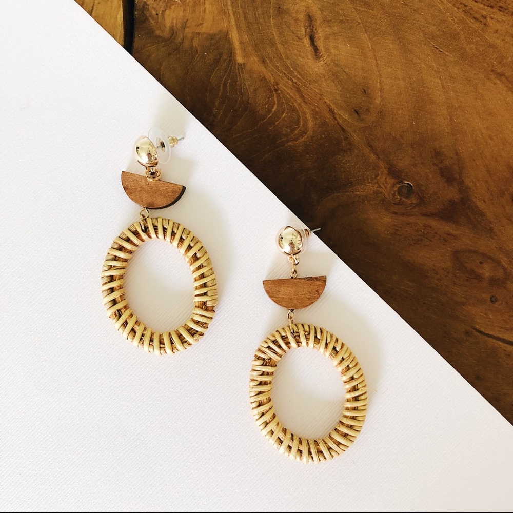 Natural Wooden And Wicker Drop Earrings Gold Stud
